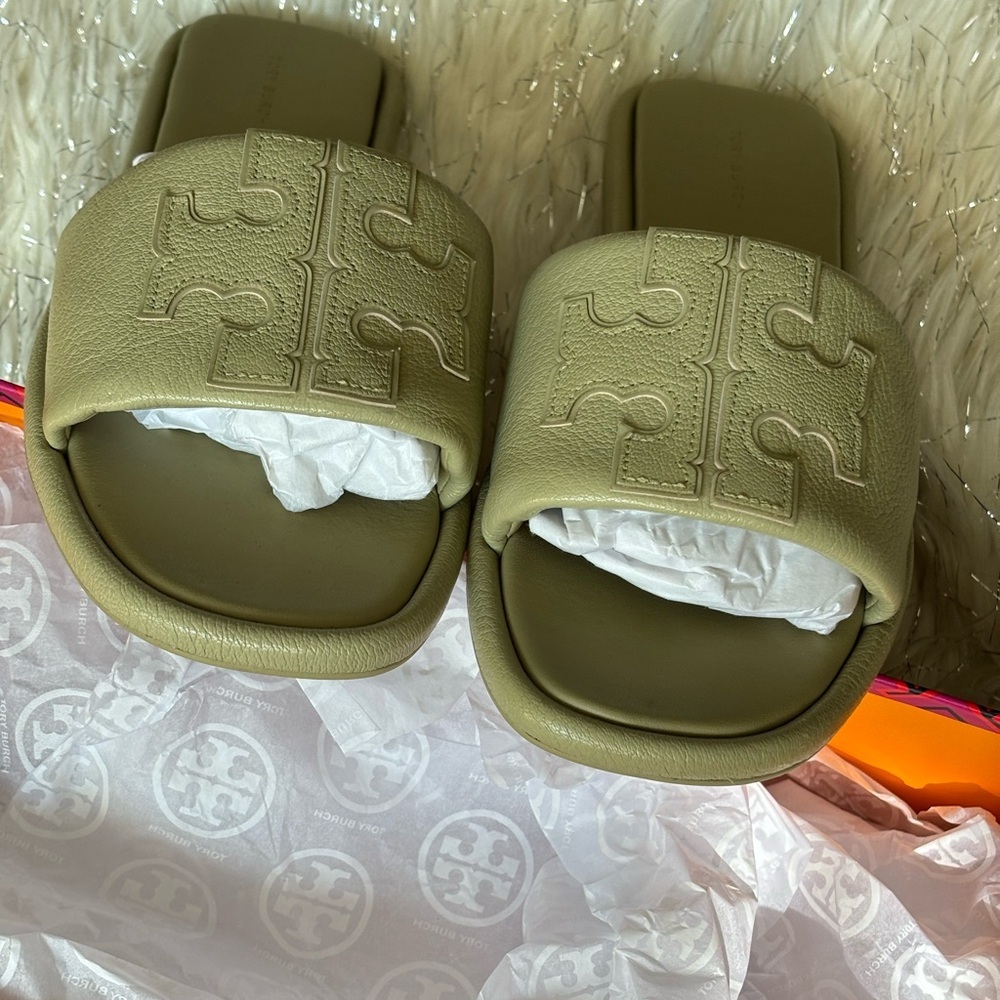 Tory Burch Olive Sprig Women’s Double T Sport Slide Tumbled Leather Size 9.5 - Picture 6 of 11